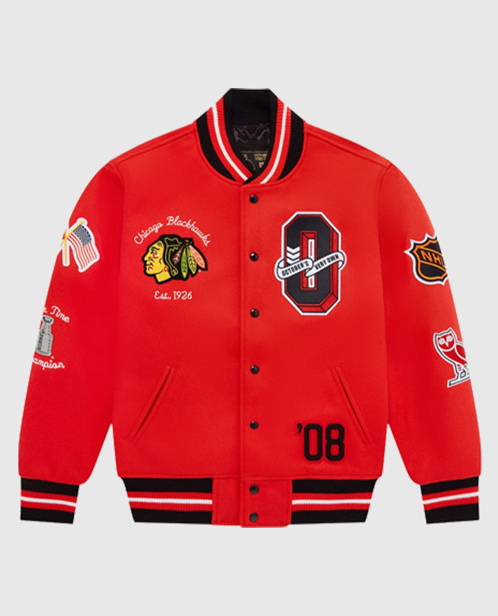 OVO Chicago Blackhawks Red Varsity Jacket OVO Chicago Blackhawks Red Varsity Jacket