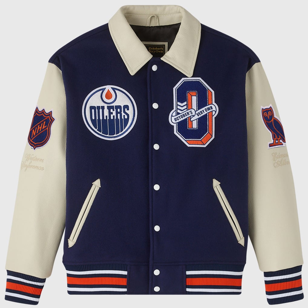 OVO x NHL Navy Full-Snap Varsity Jacket OVO x NHL Navy Full-Snap Varsity Jacket
